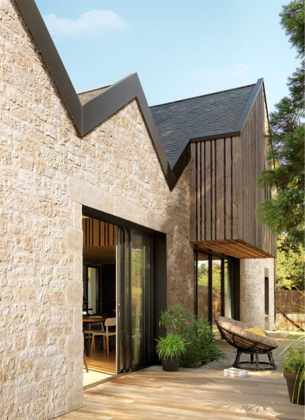 Façade de maison avec mur en parement Manoir ton naturel de chez ORSOL 